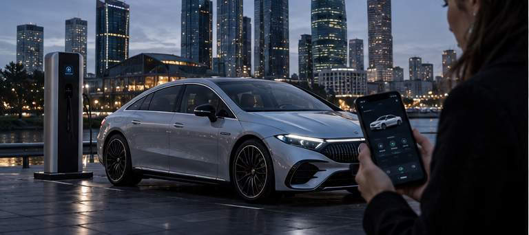 Mercedes EQS и смартфон с удалёнными функциями автомобиля