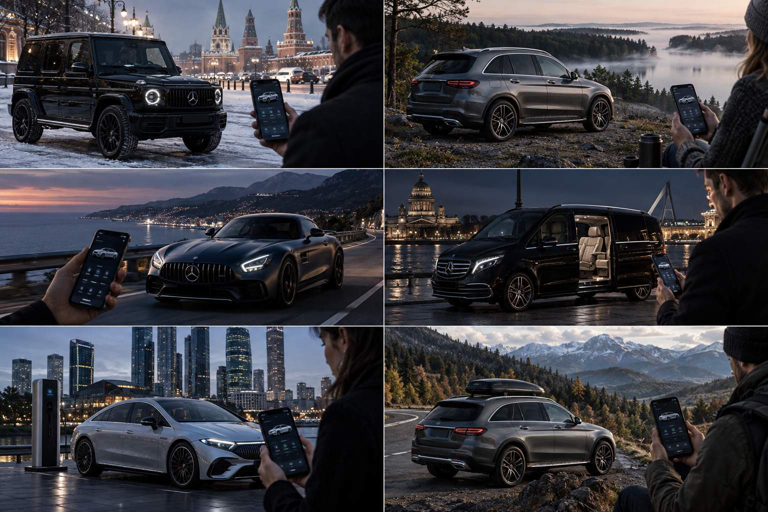Разные модели Mercedes в городских и природных сценах