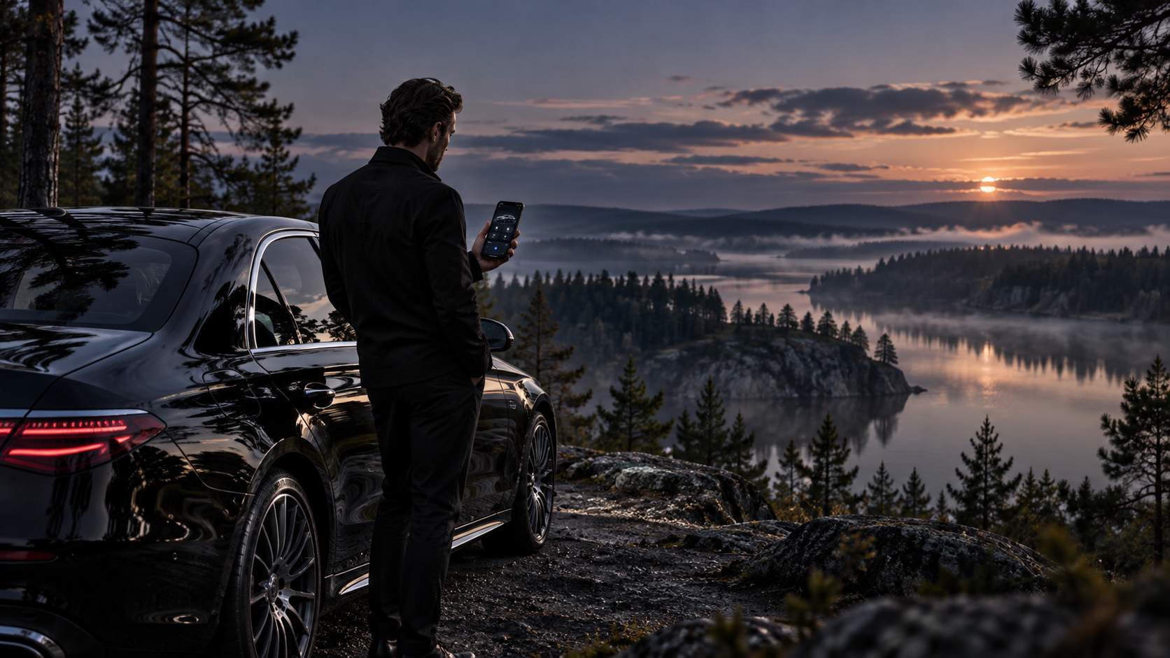 Mercedes в природной сцене и приложение connected car